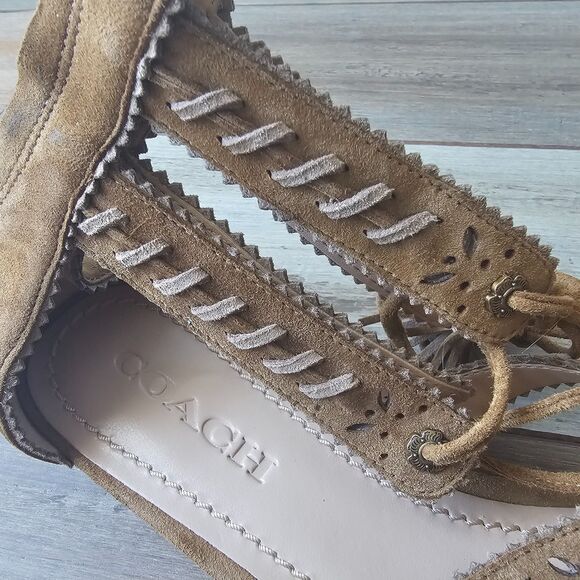Coach Via Demi Wedge Sandals US 9.5B Brown Suede Lace-Up Gladiator Tassel - Picture 9 of 9